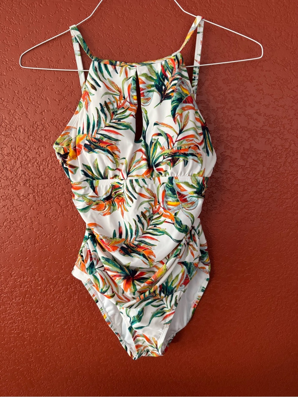 Ellen Tracy one-piece swimsuit size 10. EUC. High neck w/slit. Vibrant colors.
